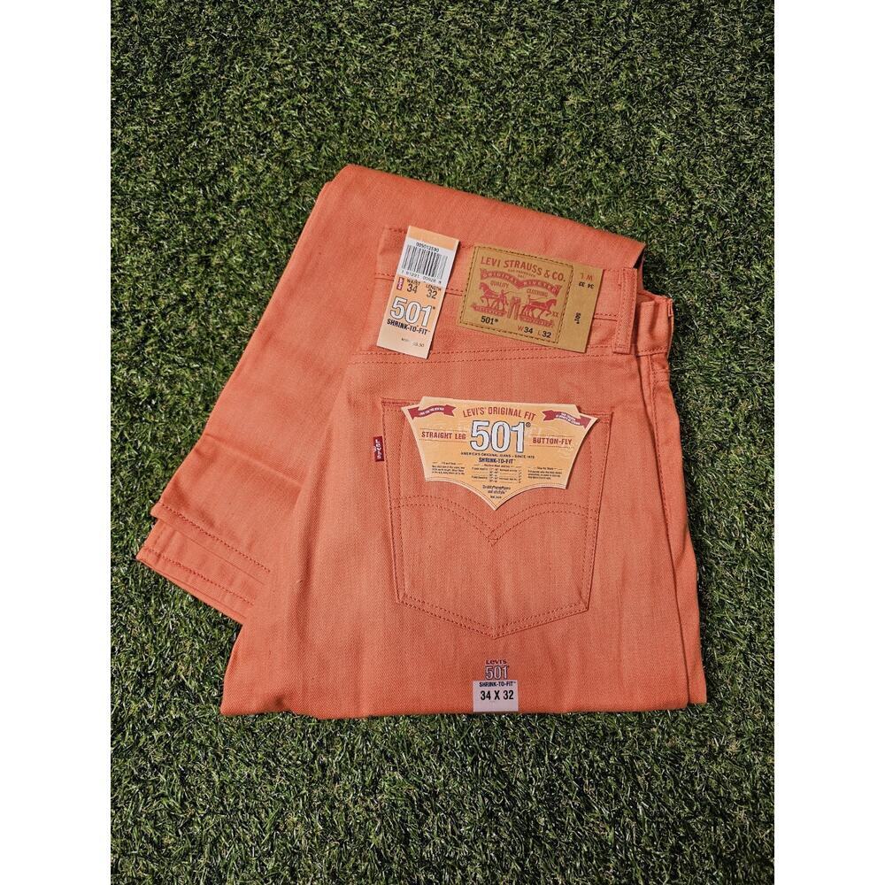 Mens LEVIS Classic 501 SHRINK TO FIT Coral Red 34x32 RAW DENIM RIGID pastel